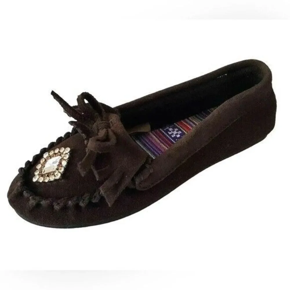 Circo Girls Boho Brown Suede Fringed Rhinestone Moccasins Shoes Size 13 NWT